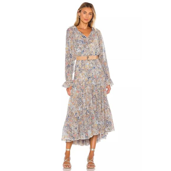 Free People Feeling Groovy Tiered Bell Sleeve Floral Casual Maxi Dress Blue S - Picture 1 of 12